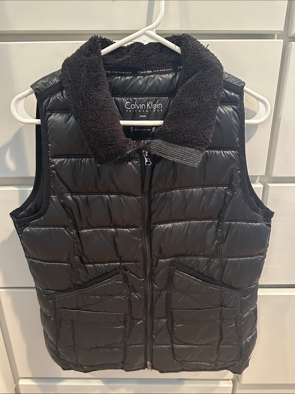 Calvin Klein Men’s Black Quilted Puffer Vest with Sherpa Collar